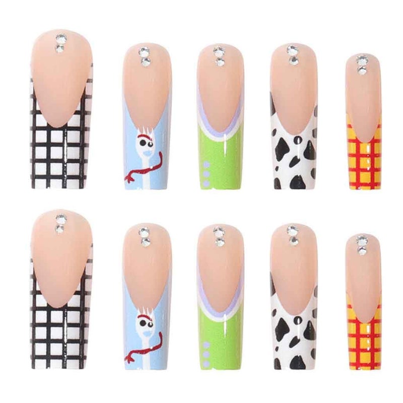 Foccna Long Press Pink Square French Fake Nails Summer Purple Full Cover Bling Acrylic False Rhinestone 3D Flower Design Square Nails for Women and Girls 24PCS - Image 3